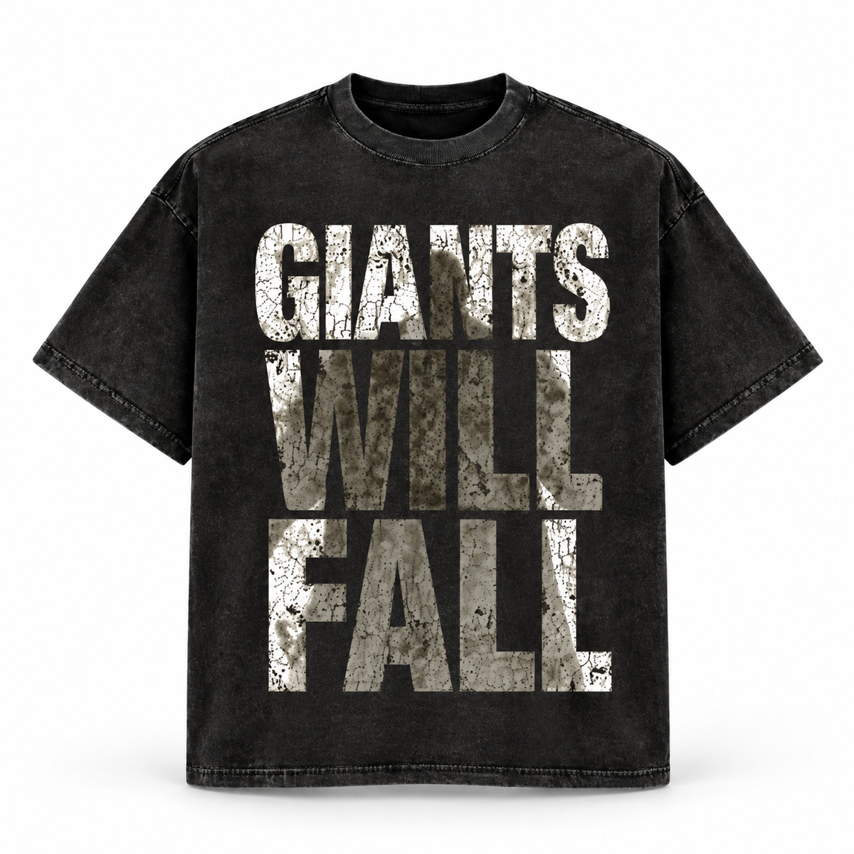 Giants Will Fall Tee in acid wash with distressed stone-texture lettering