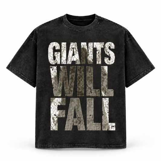 Giants Will Fall Tee in acid wash with distressed stone-texture lettering