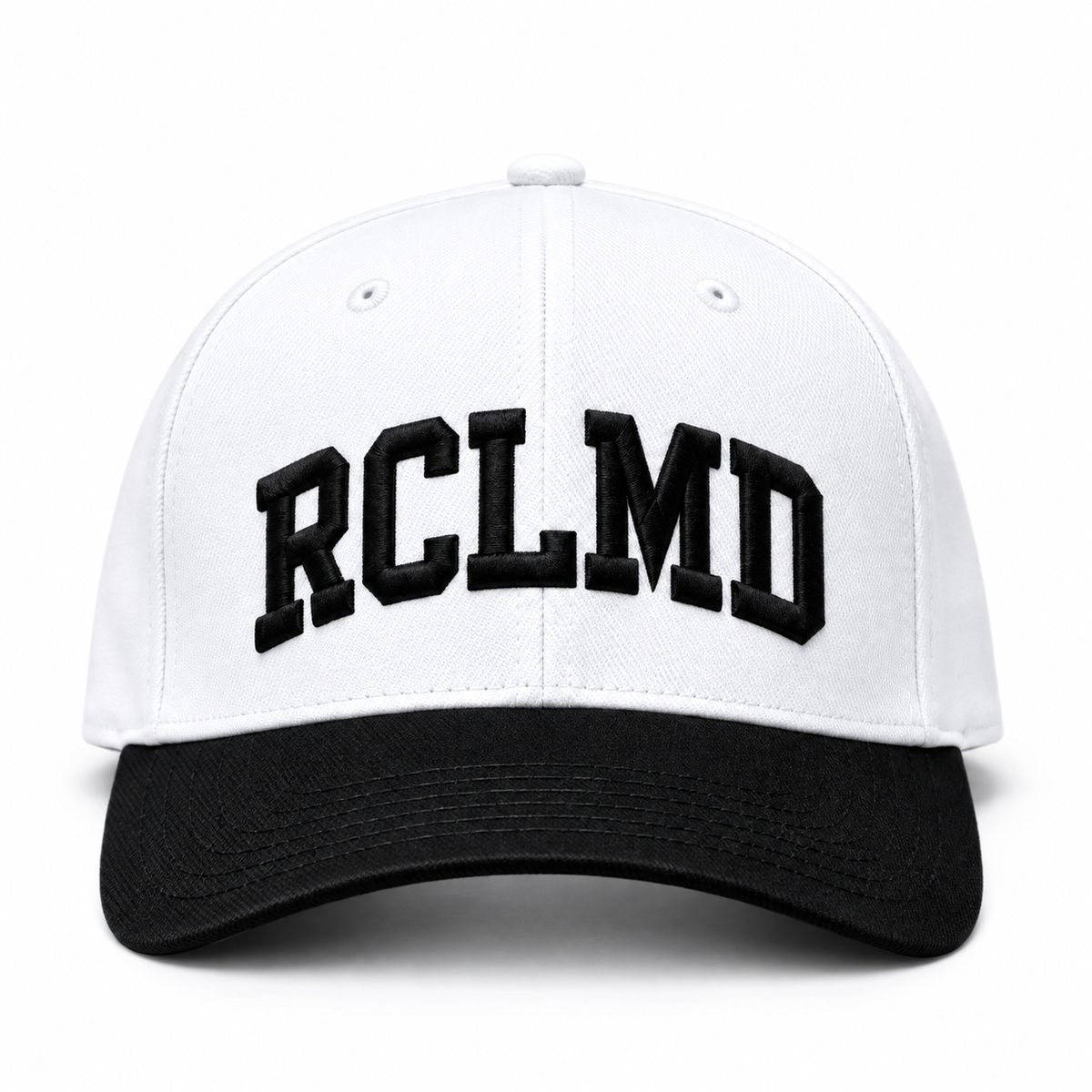 RCLMD snapback in white with black brim and black collegiate RCLMD embroidery