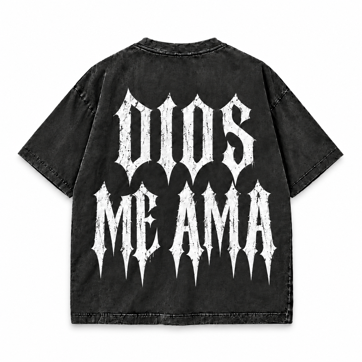 Dios Me Ama Tee in acid wash, back view with large Dios Me Ama gothic print