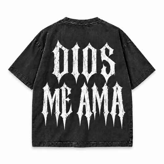 Dios Me Ama Tee in acid wash, back view with large Dios Me Ama gothic print