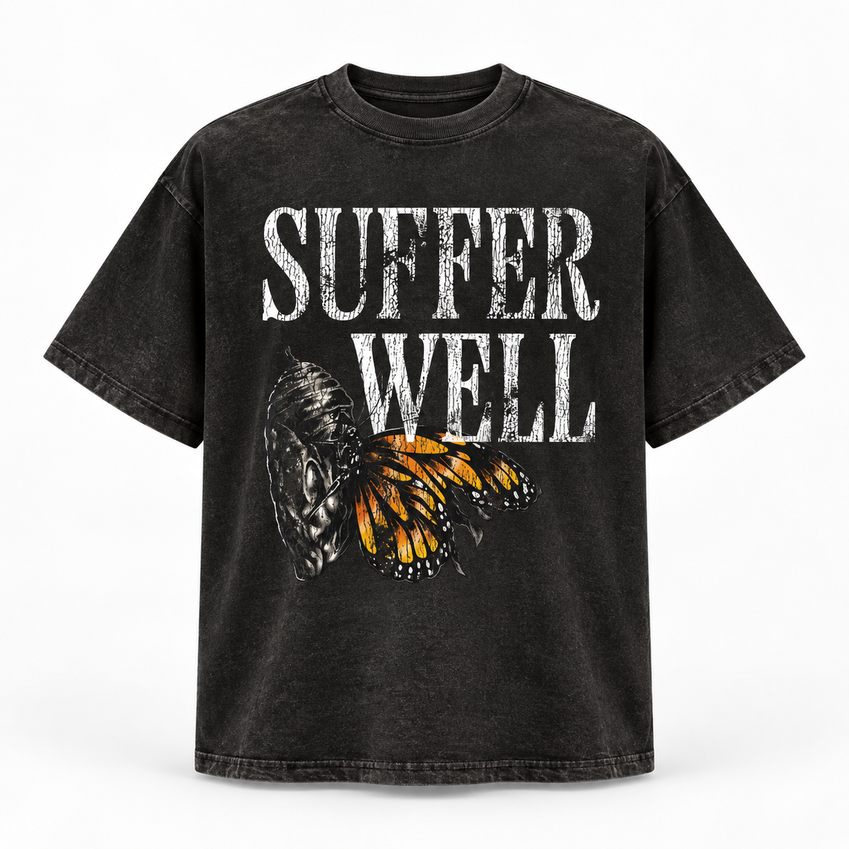 Suffer Well Tee in acid wash with distressed Suffer Well lettering and monarch butterfly
