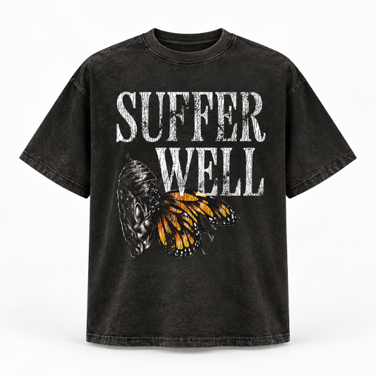 Suffer Well Tee in acid wash with distressed Suffer Well lettering and monarch butterfly