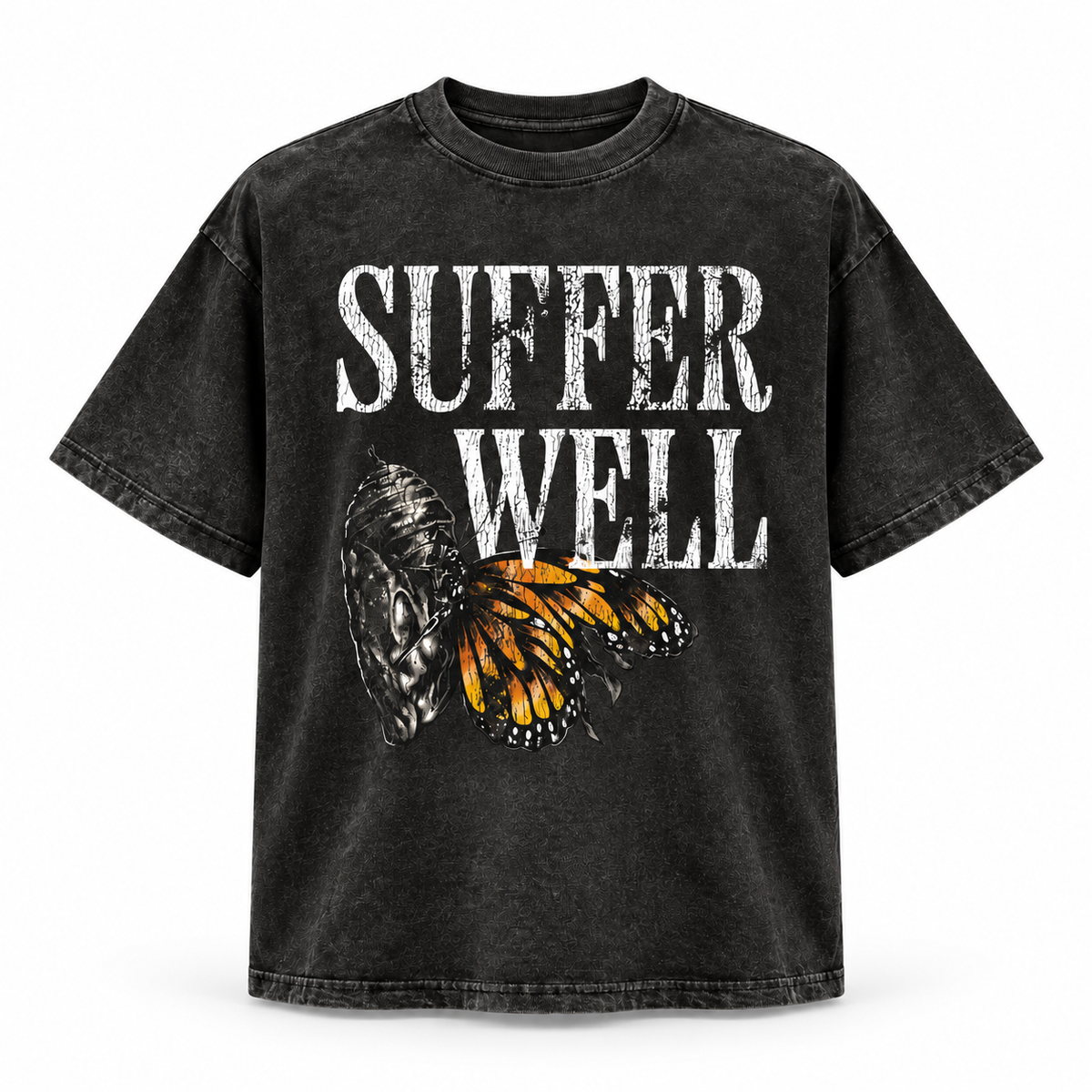 Suffer Well Tee in acid wash, alternate view of Suffer Well lettering and butterfly