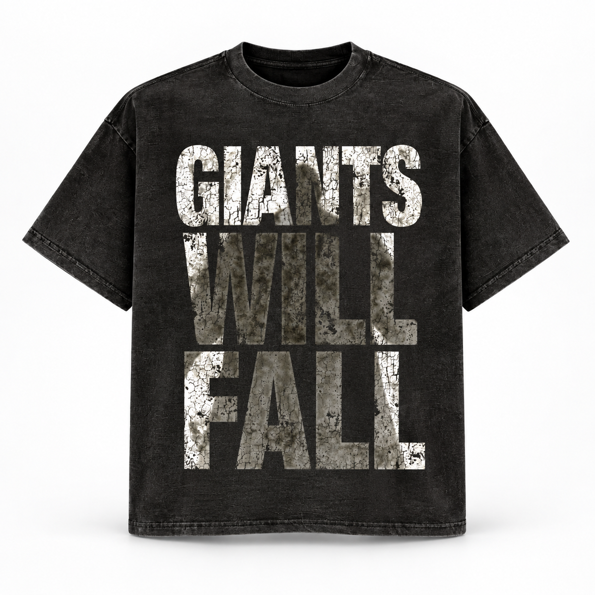Giants Will Fall Tee in acid wash, alternate view of stone-texture lettering