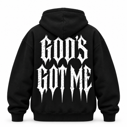 God's Got Me Hoodie in black, back view with large God's Got Me gothic print