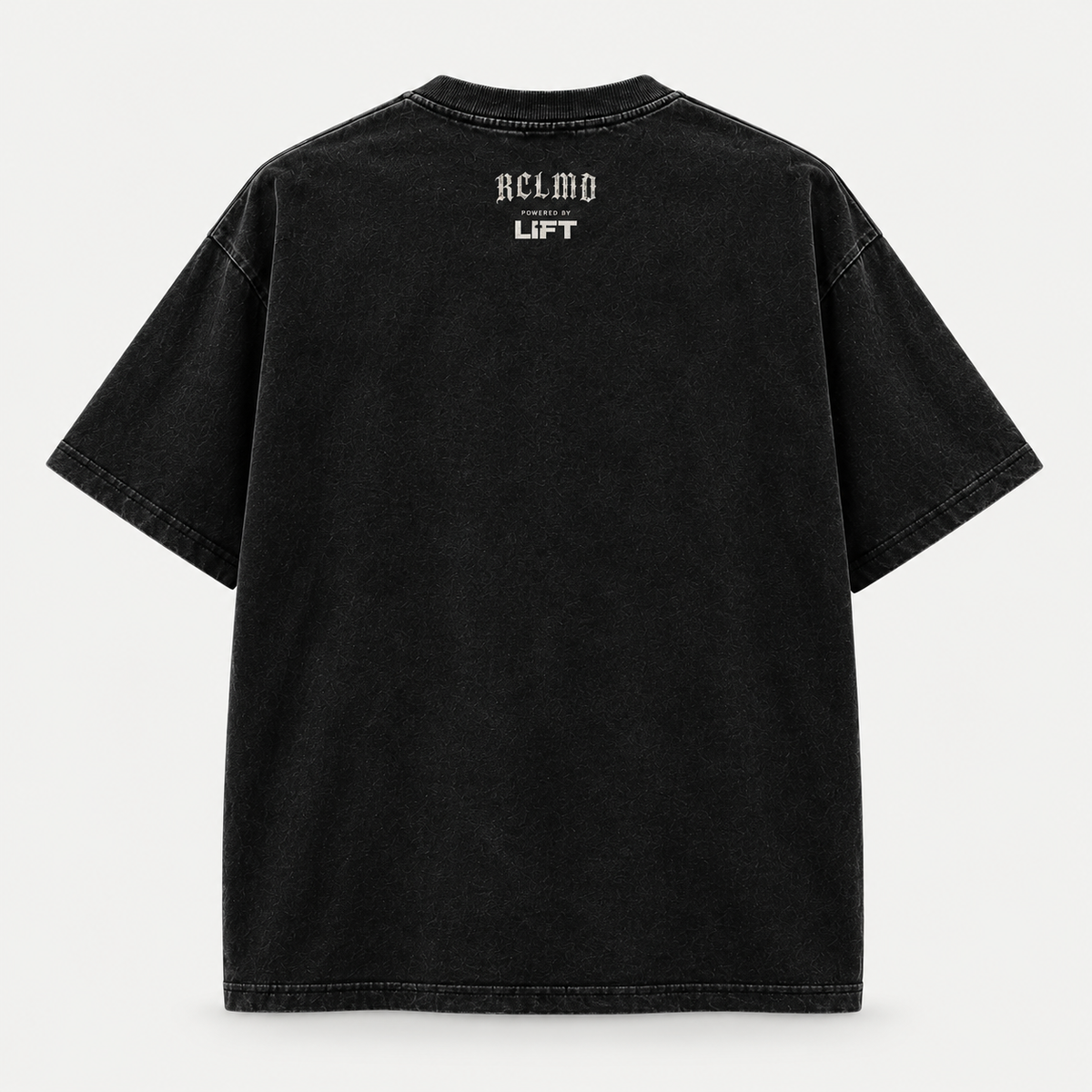 It Is Finished Tee in black, back view with small RCLMD Powered By Lift print