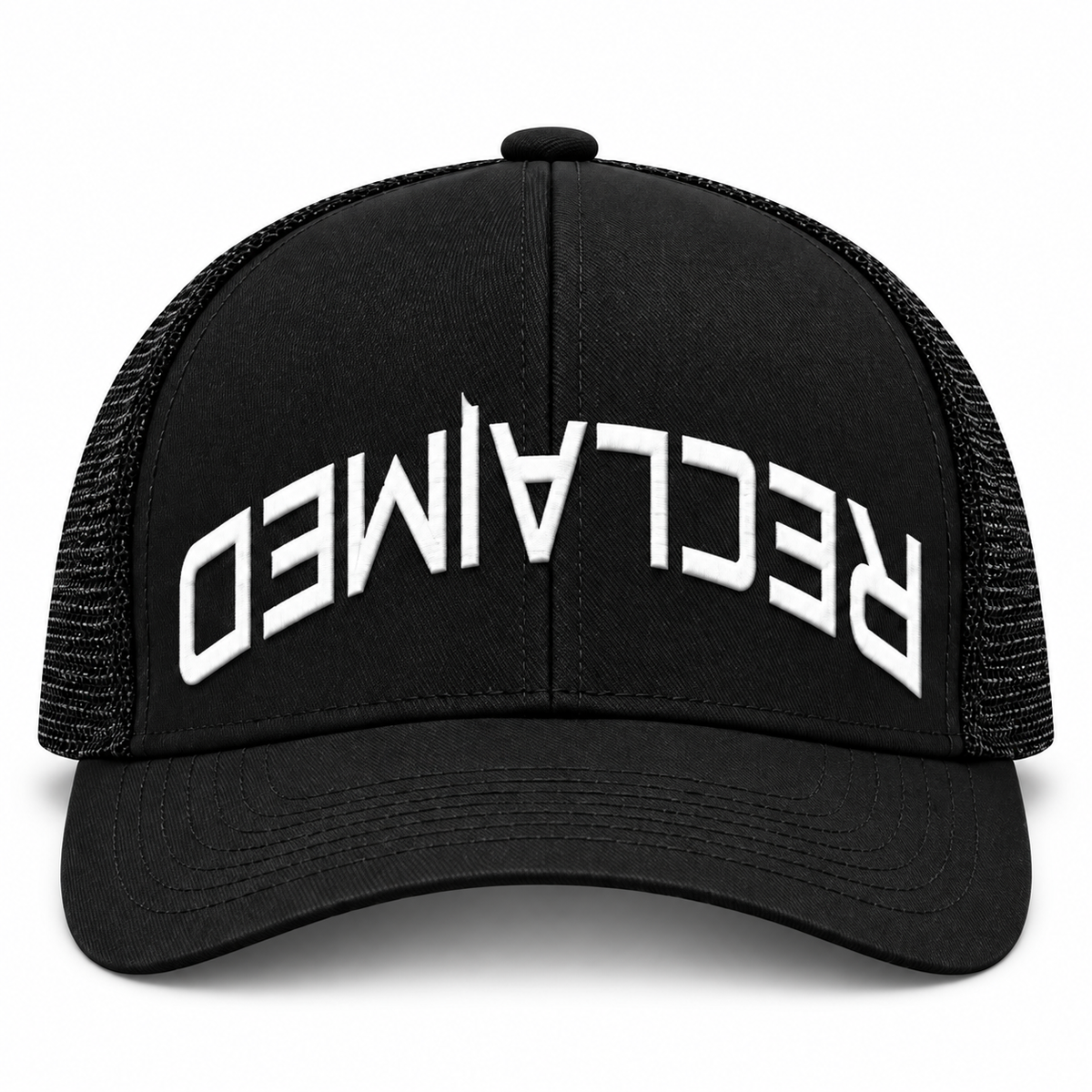 RCLMD black mesh trucker snapback, front with curved Reclaimed lettering