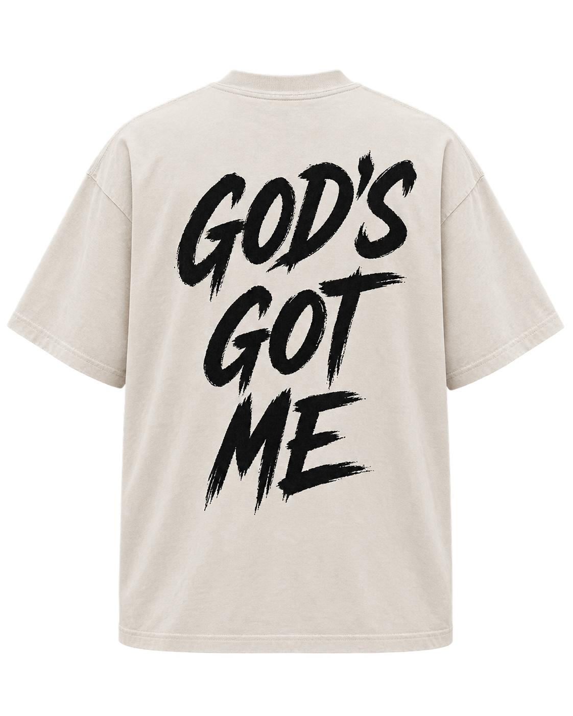 God's Got Me Tee in sand cream, back view with black brush-script God's Got Me print