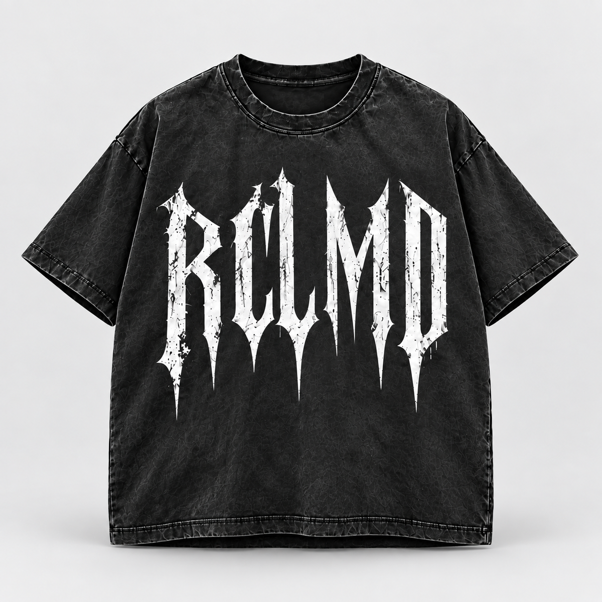 Dios Me Ama Tee in acid wash, front view with large RCLMD gothic logo