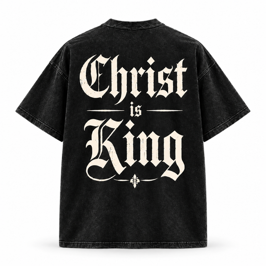 Christ Is King Tee in black, back view with cream Old English Christ Is King print