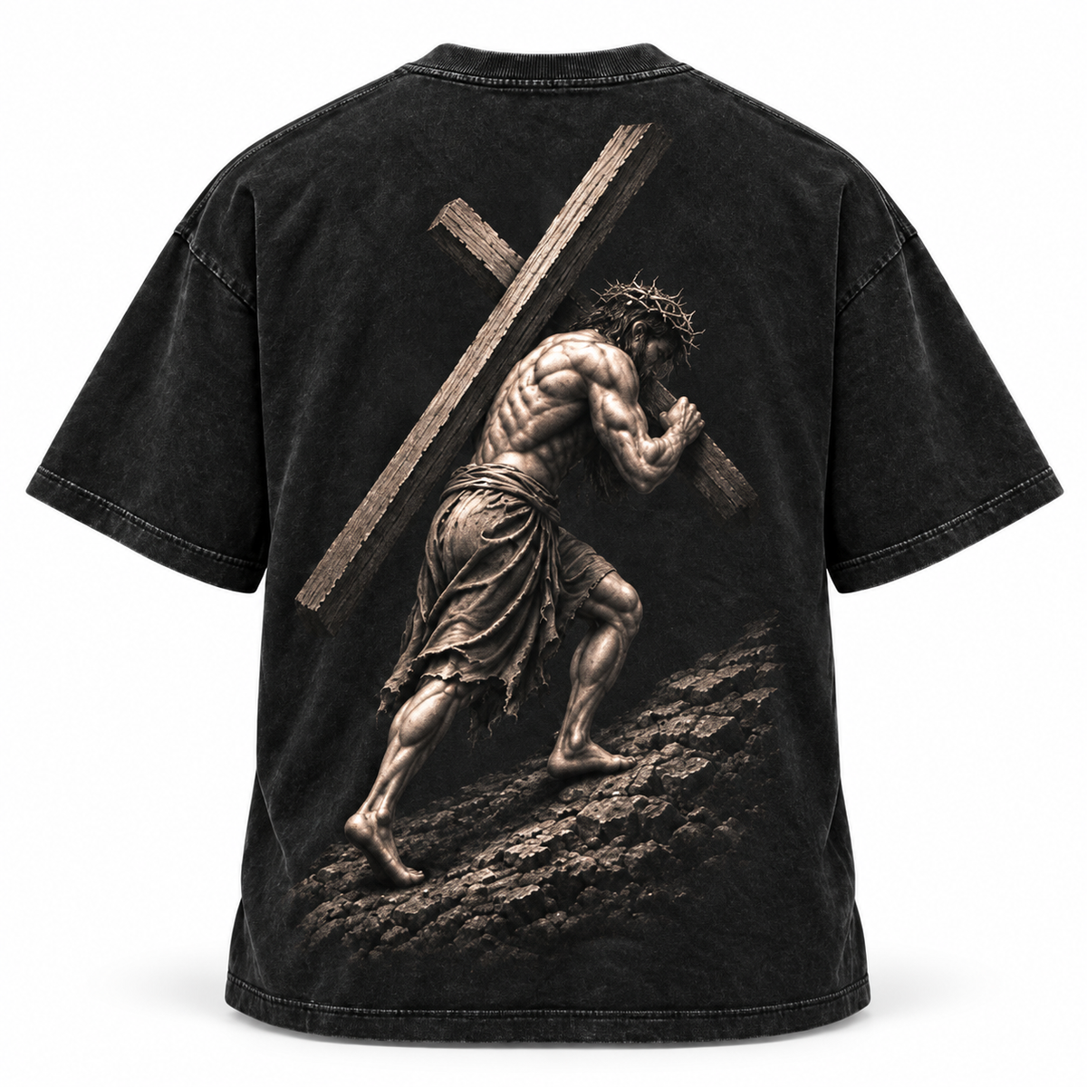 Carry Your Cross Tee in acid wash, back view with Jesus carrying the cross graphic