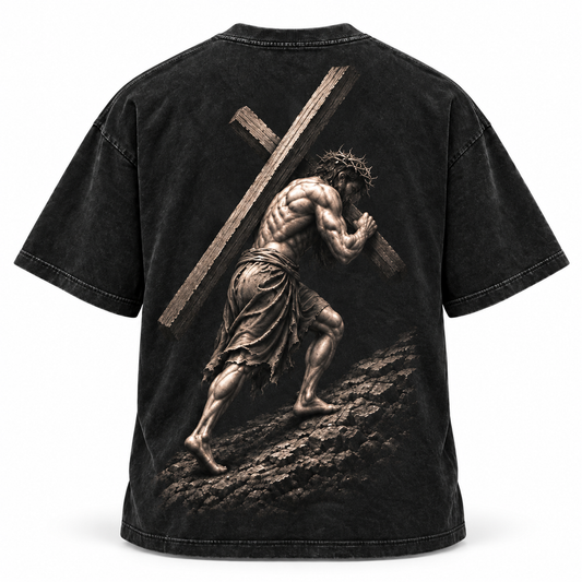 Carry Your Cross Tee in acid wash, back view with Jesus carrying the cross graphic