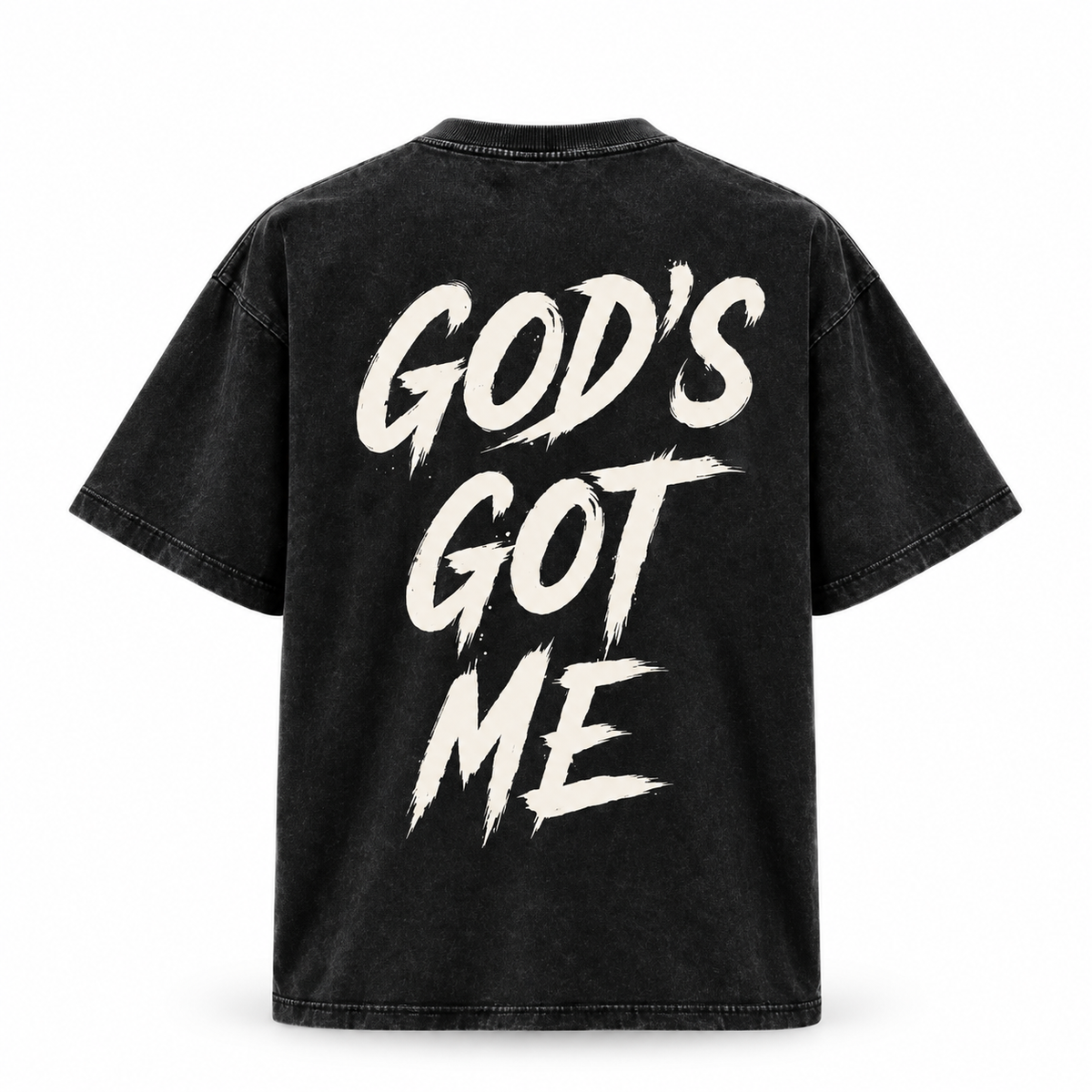 God's Got Me Tee in black, back view with cream brush-script God's Got Me print