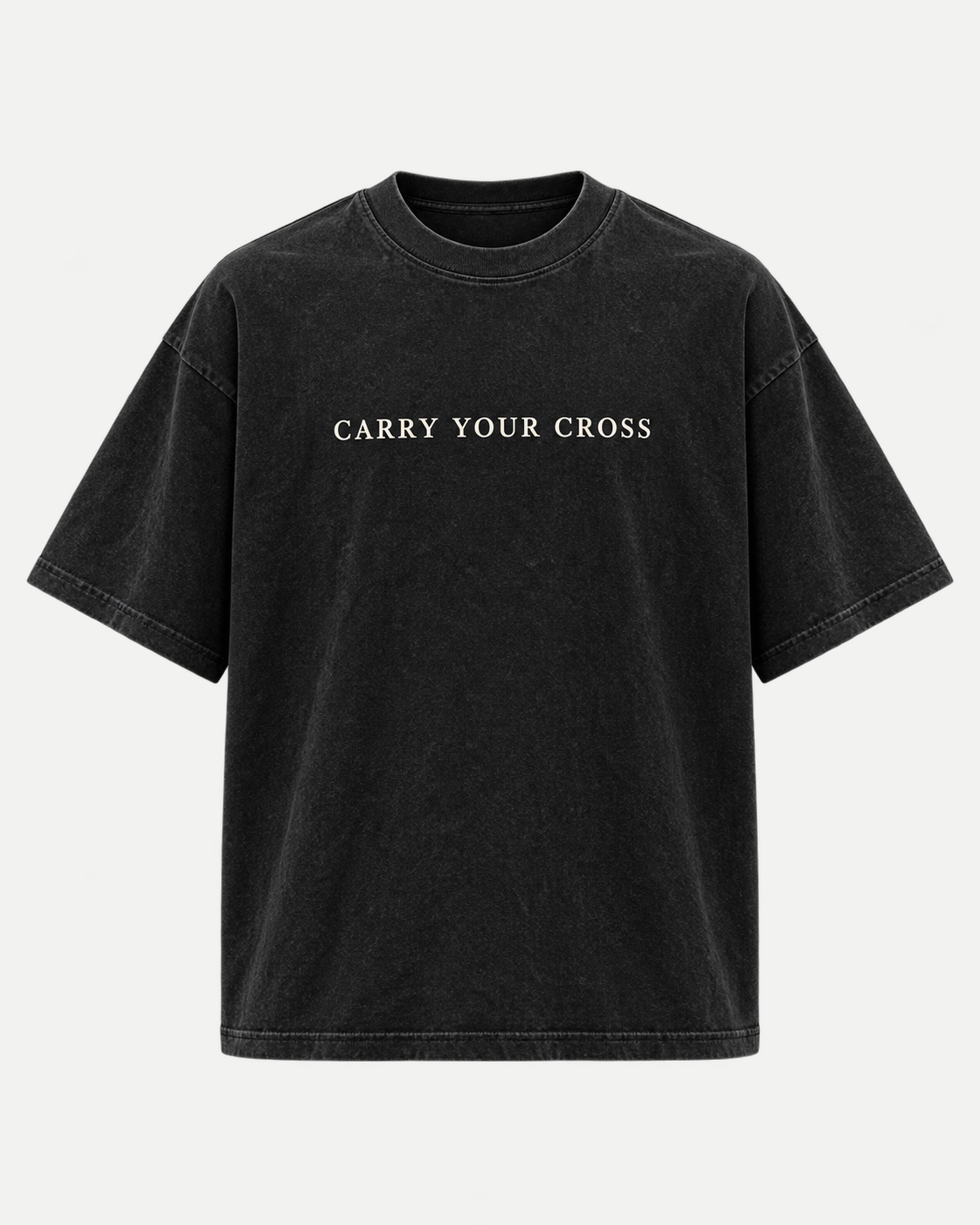 Carry Your Cross Tee in black, front view with small Carry Your Cross chest text