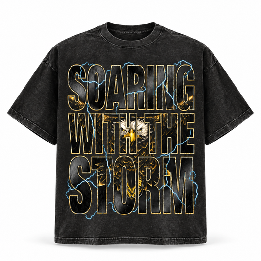 Soaring with the Storm Tee in acid wash with gold eagle and lightning graphic