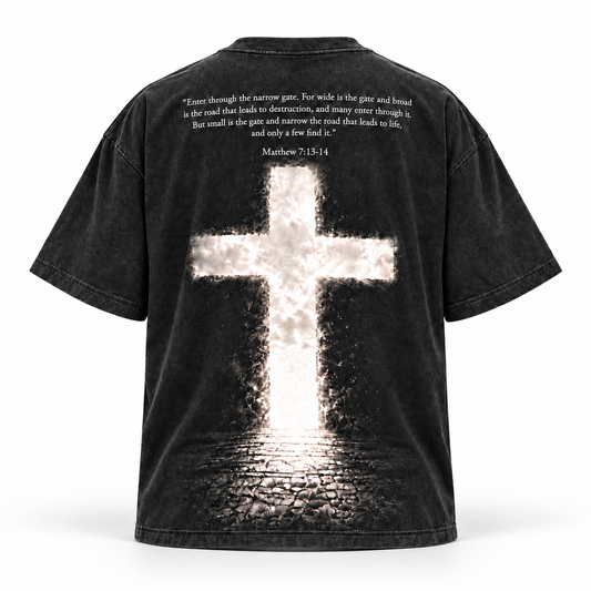 Light Tee in acid wash, back view with glowing cross and Matthew 7:13-14 verse