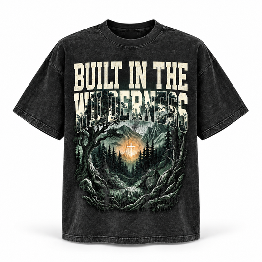 Built in the Wilderness Tee in acid wash with forest and glowing cross graphic