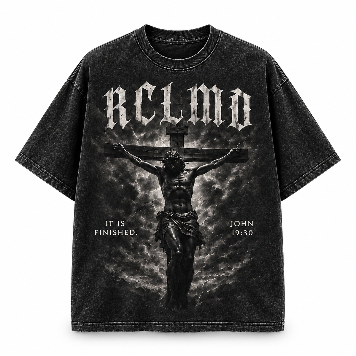 It Is Finished Tee in black with crucifixion graphic, RCLMD logo and John 19:30