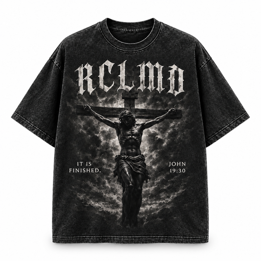 It Is Finished Tee in black with crucifixion graphic, RCLMD logo and John 19:30