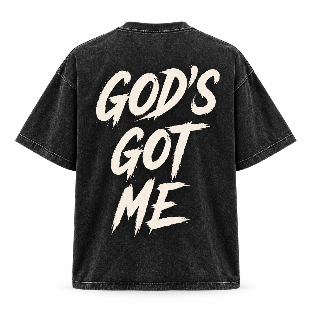 God's Got Me Tee in acid wash, back view with cream brush-script God's Got Me print