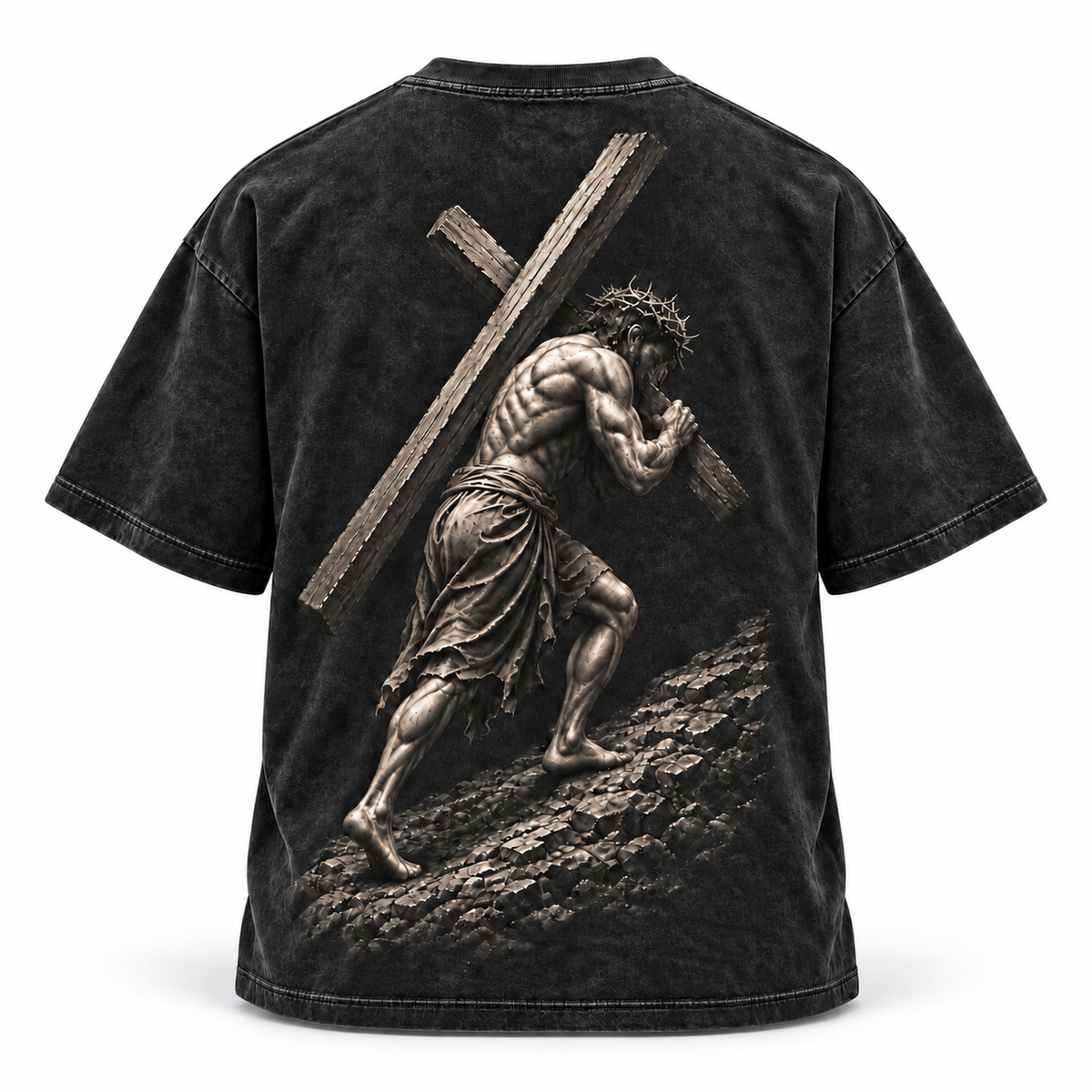 Carry Your Cross Tee in acid wash, alternate view of Jesus carrying the cross graphic
