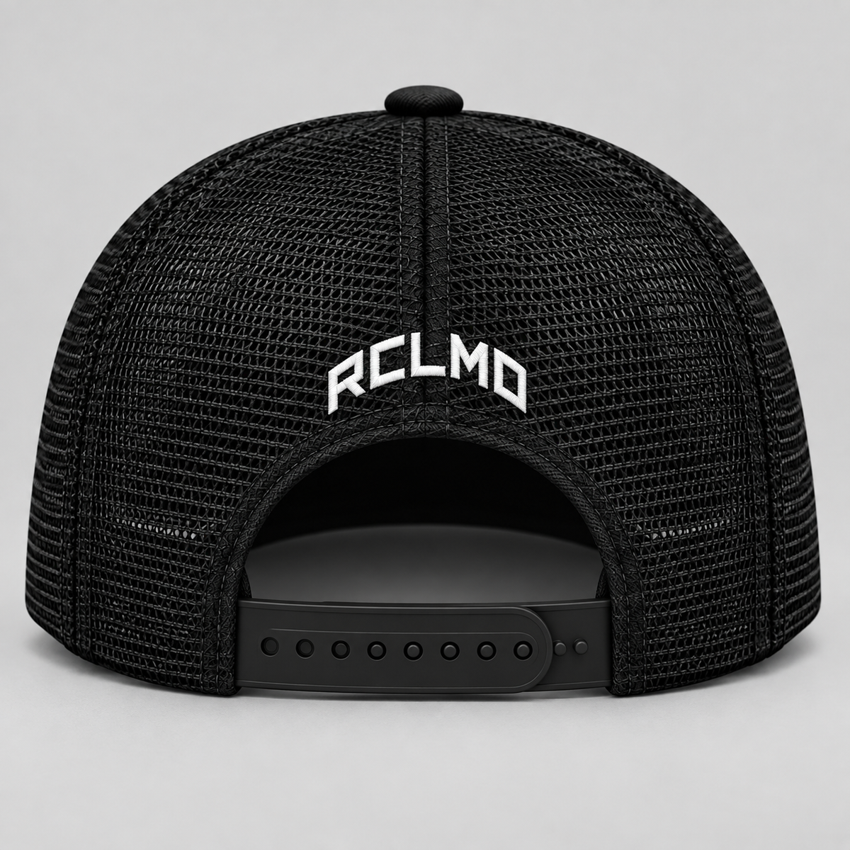 RCLMD black mesh trucker snapback, back view with RCLMD embroidery